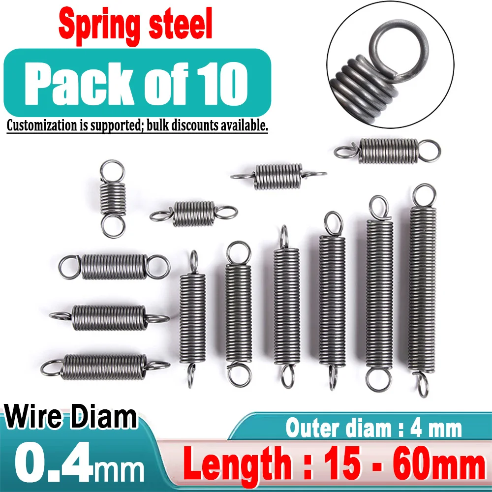 10pcs  Hook Tension Spring Pullback Spring Wire Diameter 0.4mm OD:4mm Length:15-60mm Coil Extension Springs