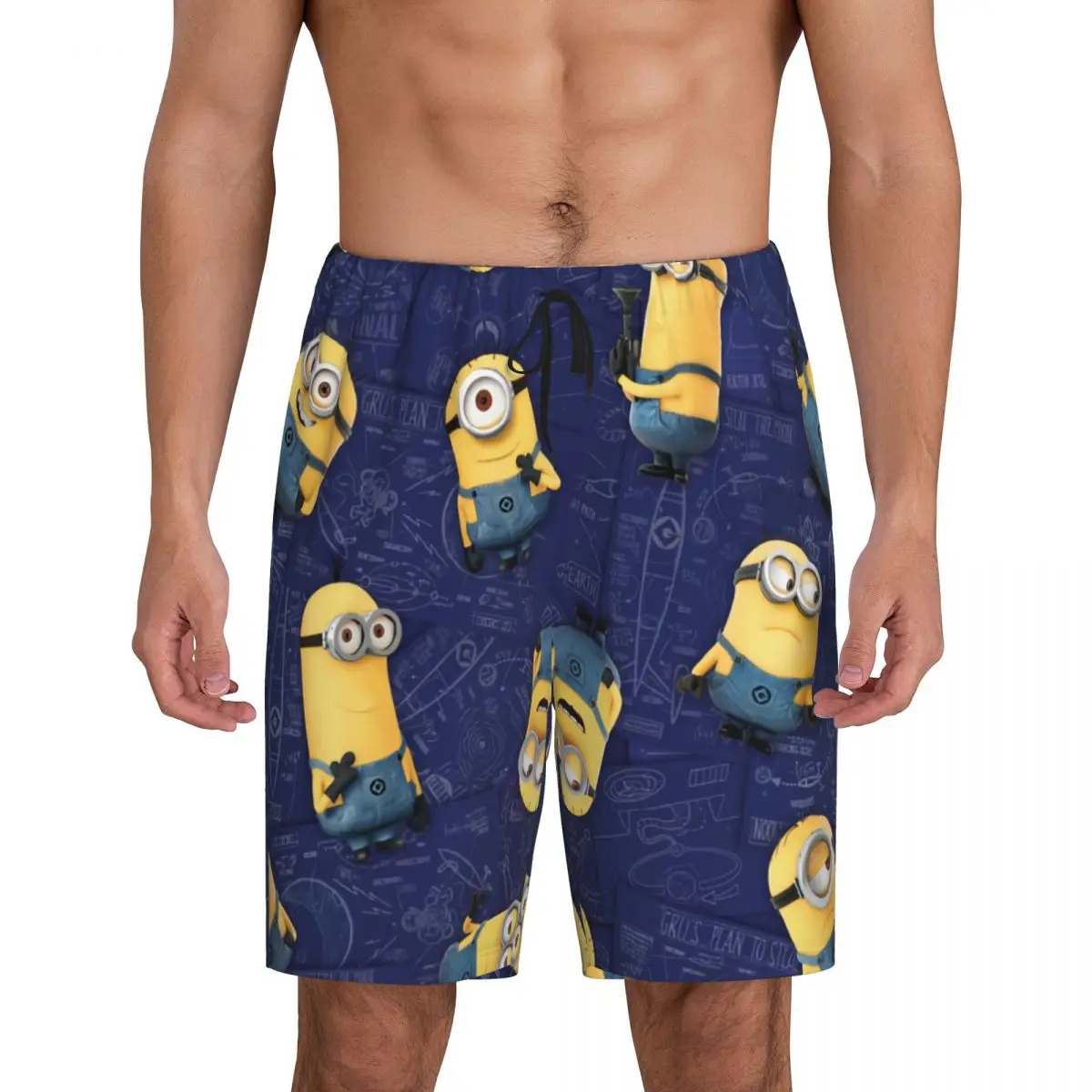 Custom Animated Comedy Movies Minions Pajama Bottoms Men's Lounge Sleep Shorts Stretch Sleepwear Pjs with Pockets