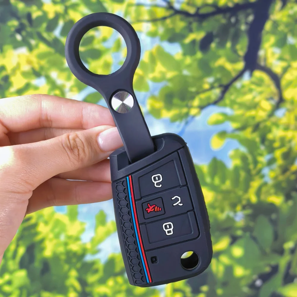 Hex Tricolor Honeycomb Key Cover With Keychain For VW Golf GTI Alltrack Golf R Sportswagen Polo Skoda Tiguan Atlas e-Golf Jetta