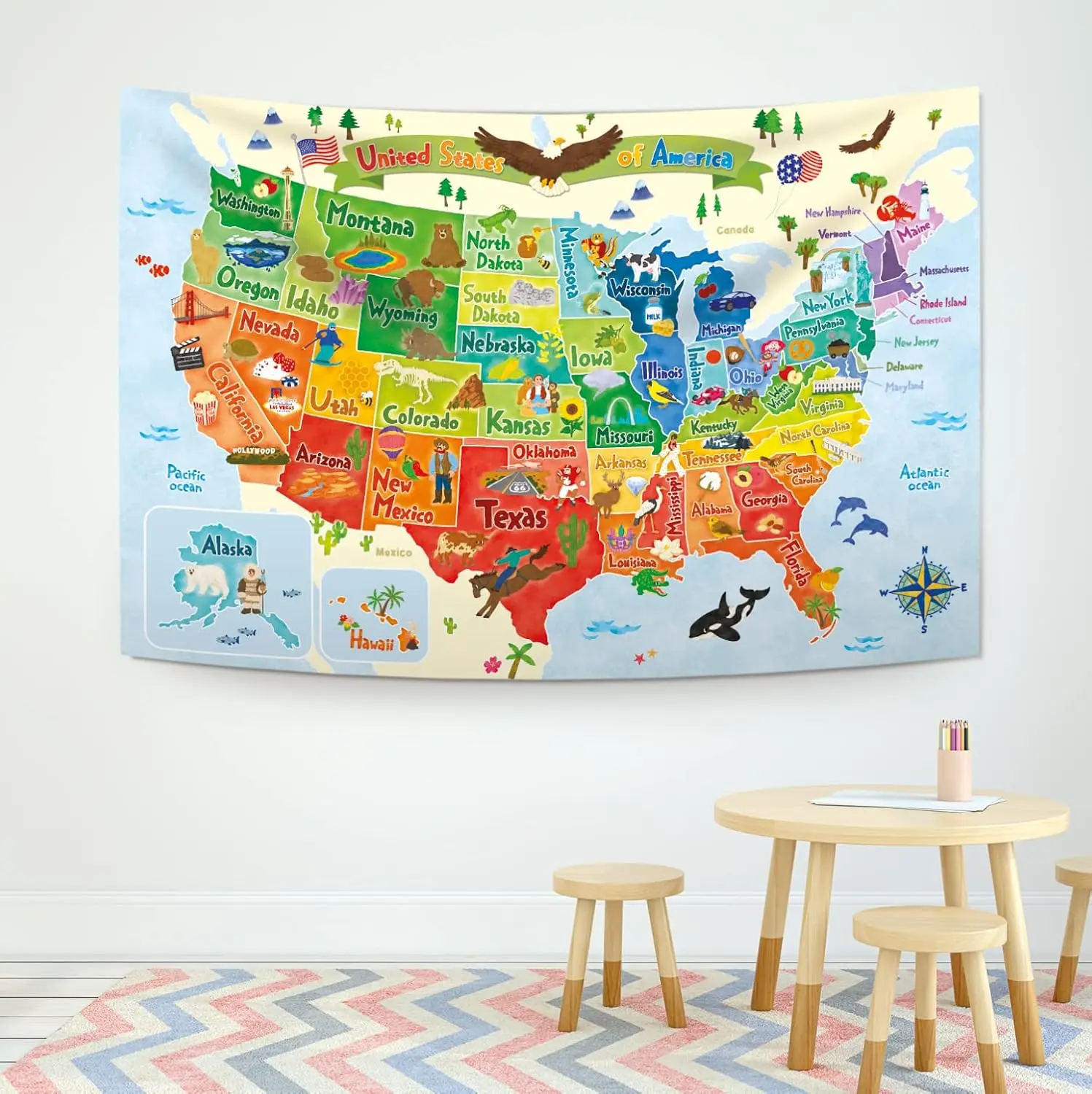 USA Map Wall Tapestry Kids Educational Art United States Geography Decor Classroom Learning Children Room Hanging