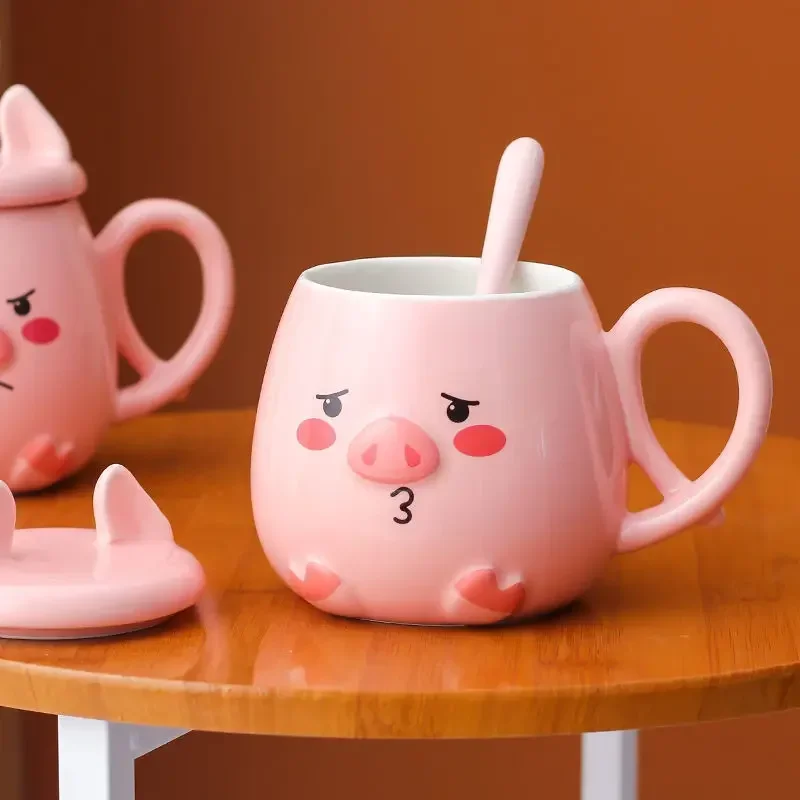 500ML Ceramic Mug Cute Pig Pink Girl Heart Cartoon Cup Coffee Cup with Lid Spoon Girl Water Cups Breakfast Mugs Birthday Gift