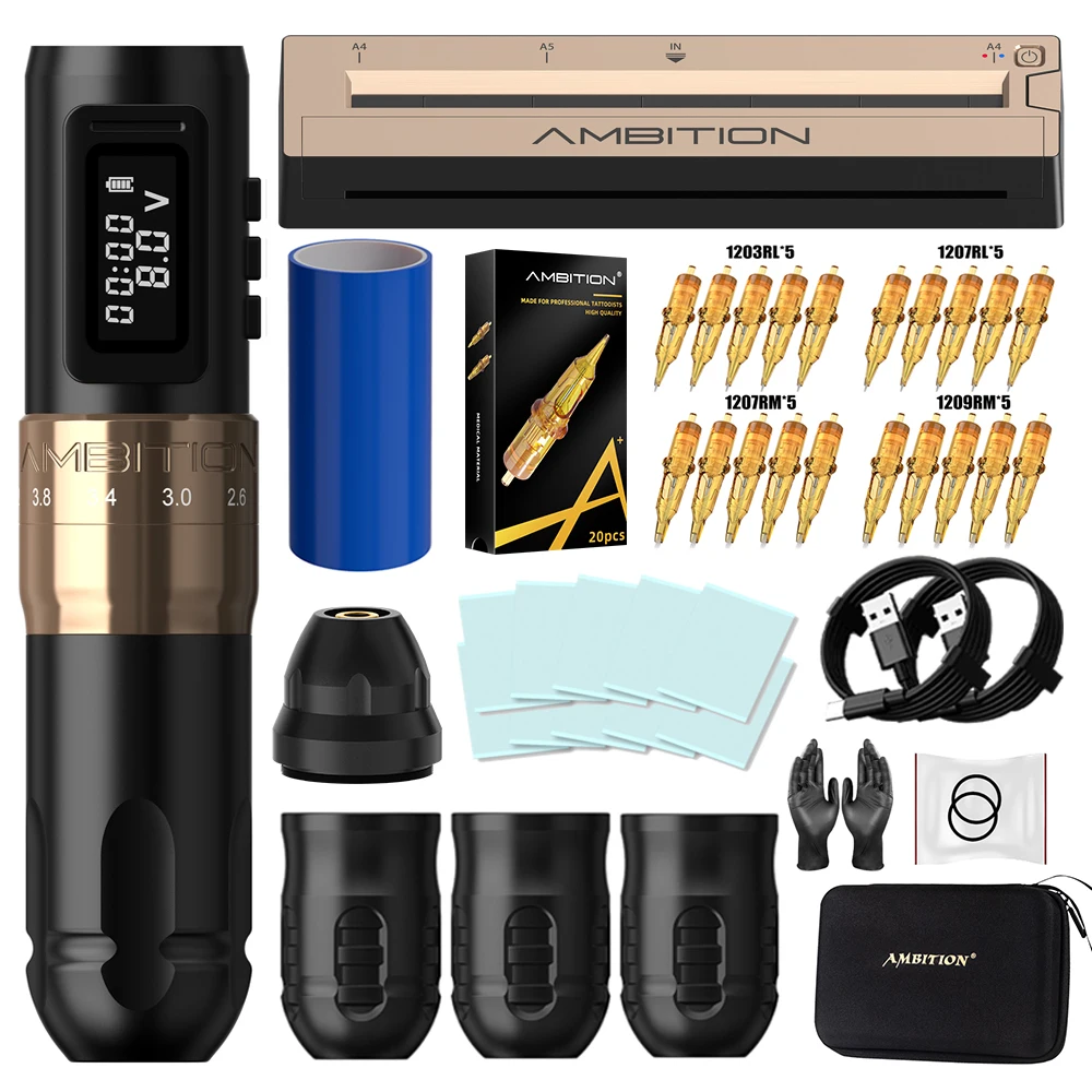 Ambition MARS-U Kabelloser Akku-Tattoo-Stift mit Einstellbarem Hub 2,2-4,2mm, Kernloser Motor mit Thermotransfermaschinen-Zubehör