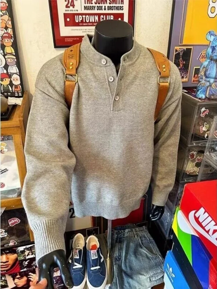 

Loose Fit Men's Knitwear Henry Collar Base irt Autumn Winter Sle American Retro Lazy Sweater Comfortable Winter Outerwear