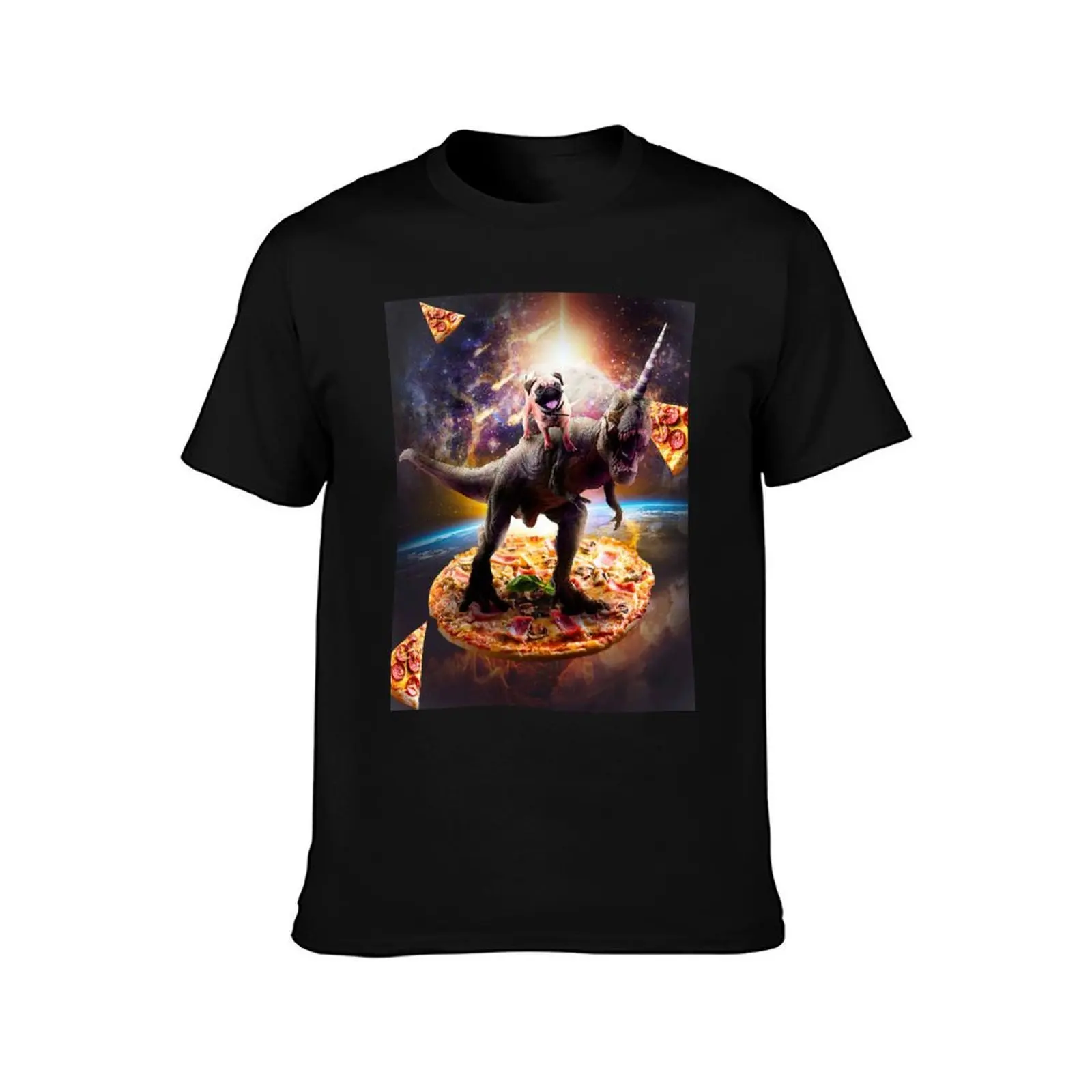 Outer Space Pug Riding Dinosaur Unicorn - Pizza T-Shirt Sun Block Outdoor T-Shirt