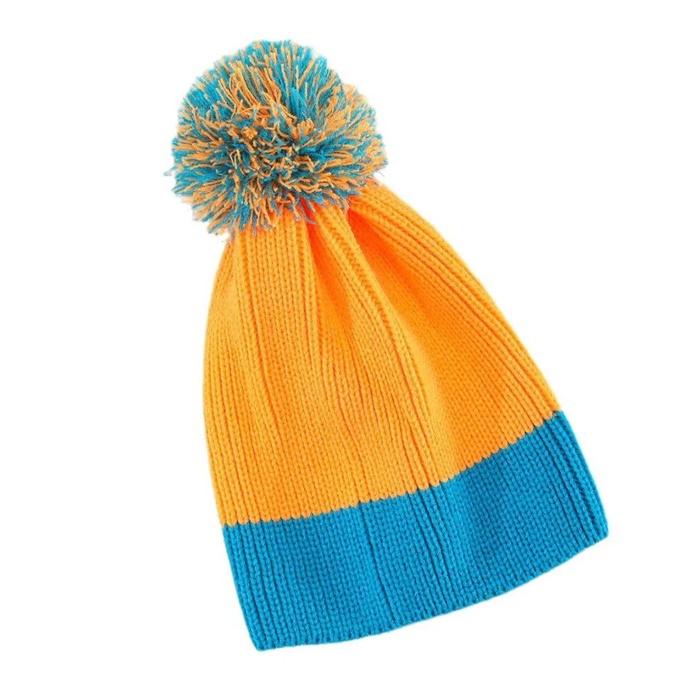 Women Pom Pom Hat Winter Beanie Bright Colour-block Outdoor Neon Yellow Blue Ribbed Knit Ski Cap