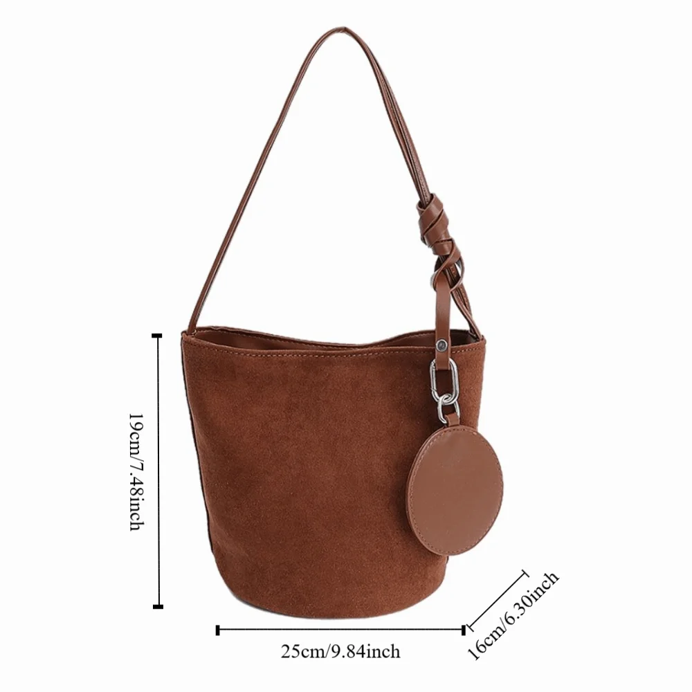 with Round Pendant Faux Suede Bucket Bag Shoulder Bag Handbag Slouchy Hobo Bags Bucket Bag Large Capacity Solid Color Tote Bag