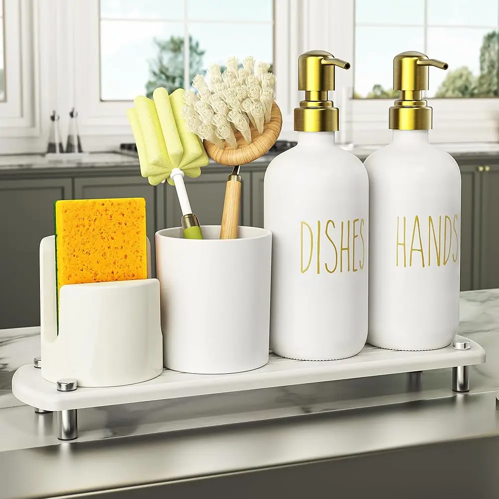 

Kitchen Soap Dispenser Set Comes with Ceramics Sponge Holder, Silver Pumps, and Instant Dry Tray, Hand and Dish Soap Dispens