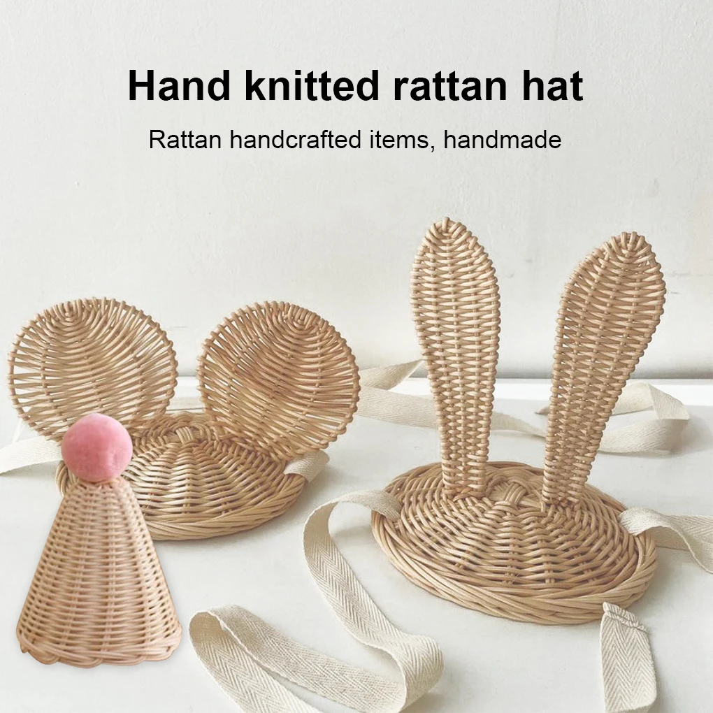 Children Hat Spring Photography Props Rattan Weaving Fashion Ear Design Cartoon Hats Boys School Holiday Mouse Ears