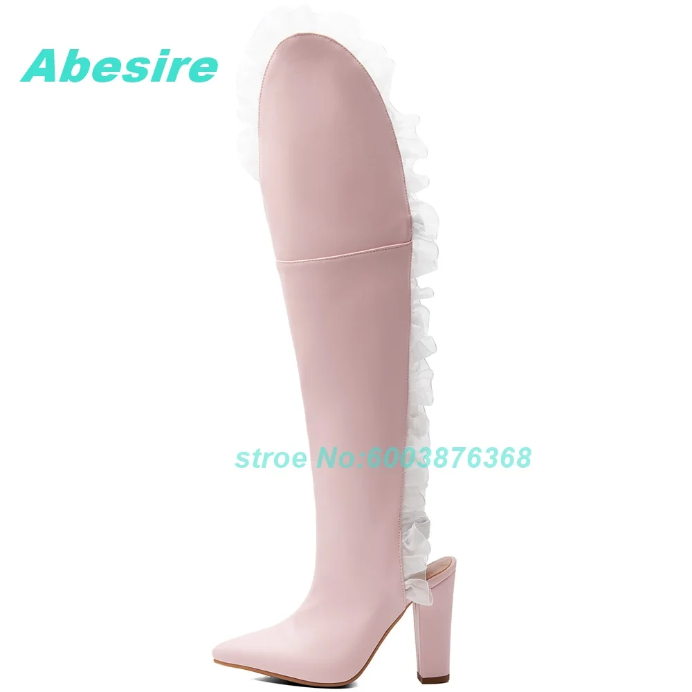 Sweet Pink Lace Cutout Knee High Boots Women Pointed Toe Block Heel Back Strap Boots Lolita Fall Winter Cute Fashion Shoes