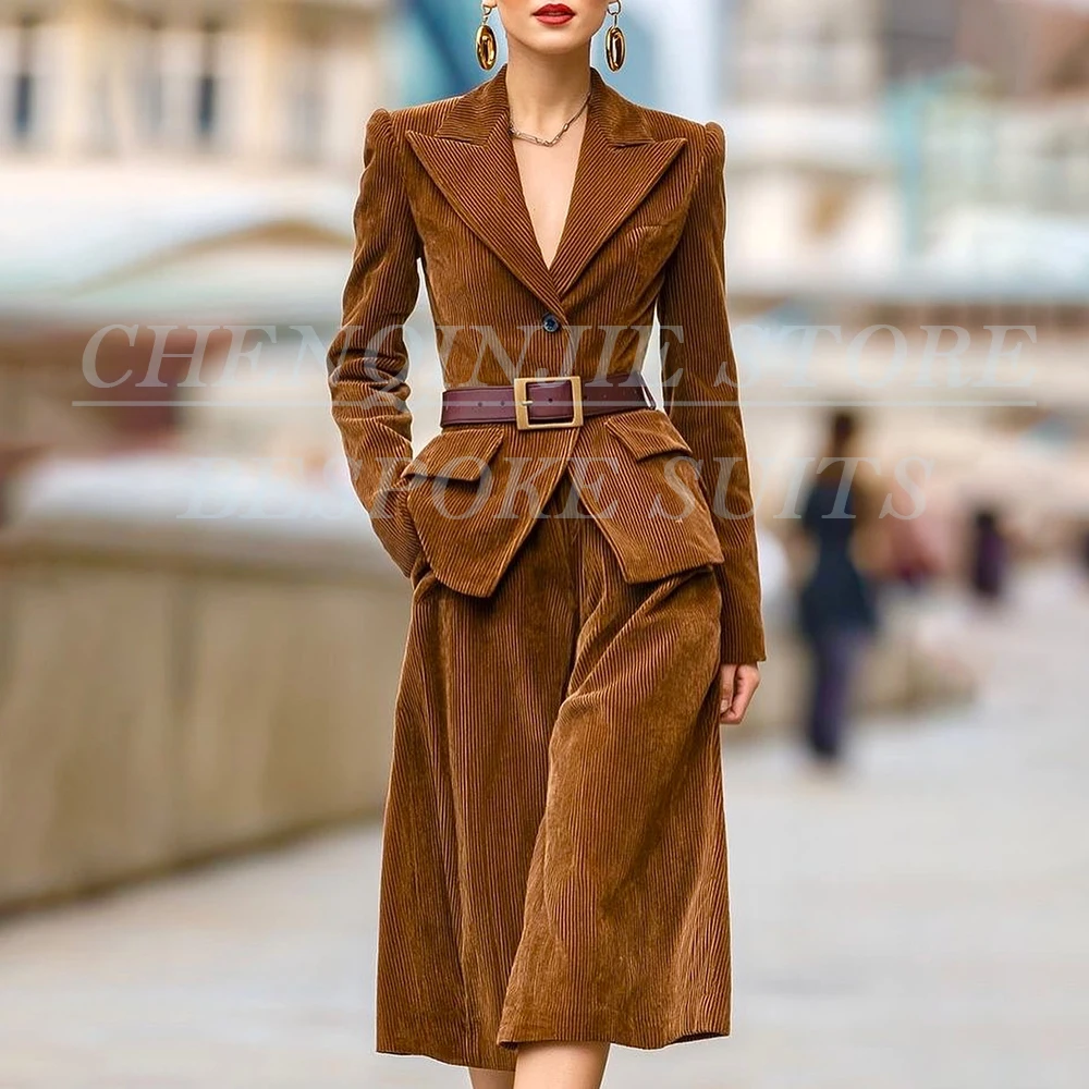 

Formal Women's Suits Dresses Fashion Single Breasted Peak Lapel Skinny 2 Piece Blazer Skirts Customzied Corduroy Female Outfits