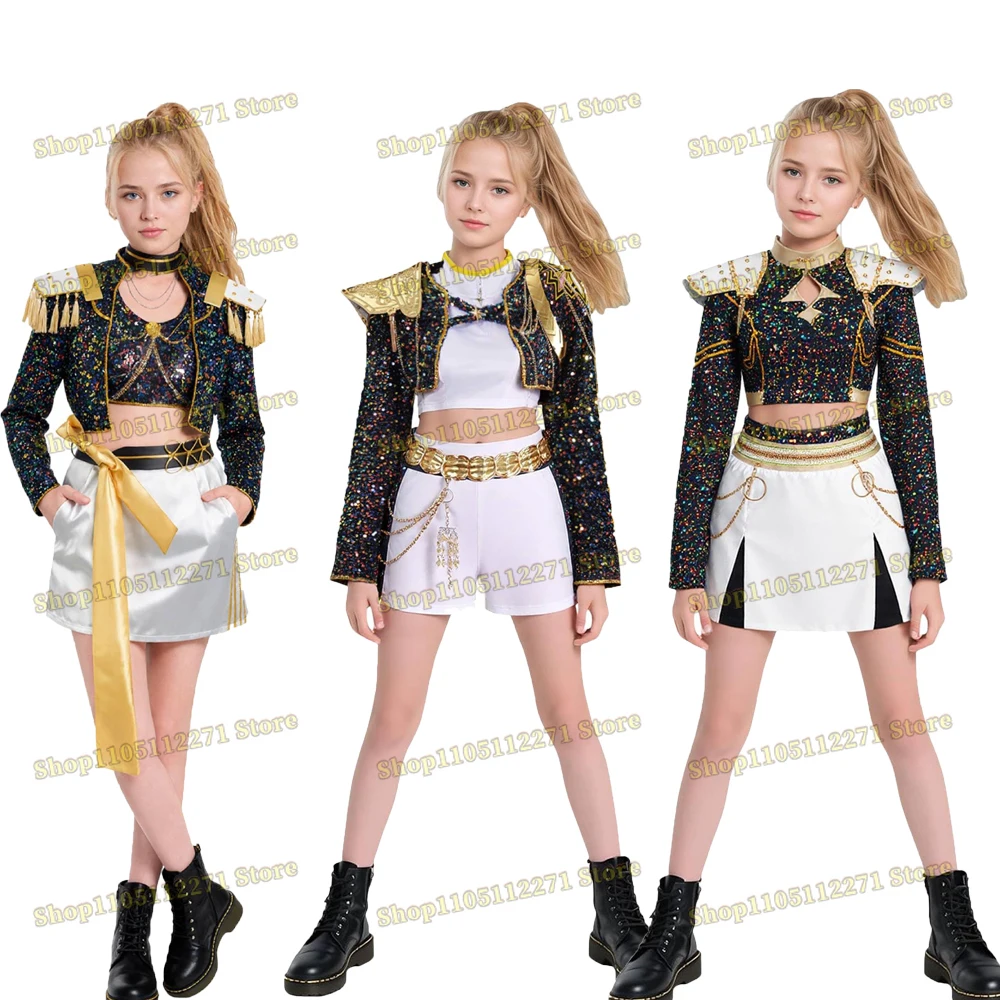 

Demon Hunters Golden Costume Cosplay POP Rumi Zoey Mira Golden Costume Wigs for Women White Outfit Set Halloween 2025 K POP Set