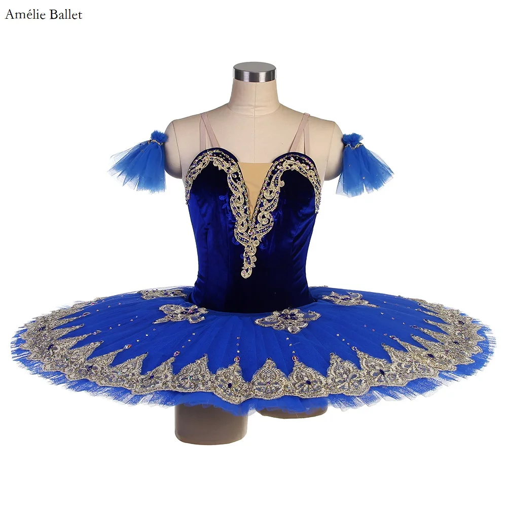 B22517 Customized Royal Blue Velvet Bodice with Gold Trim Professional Ballet Pancake Tutu Girls & Women Stage Perforamcne Dress