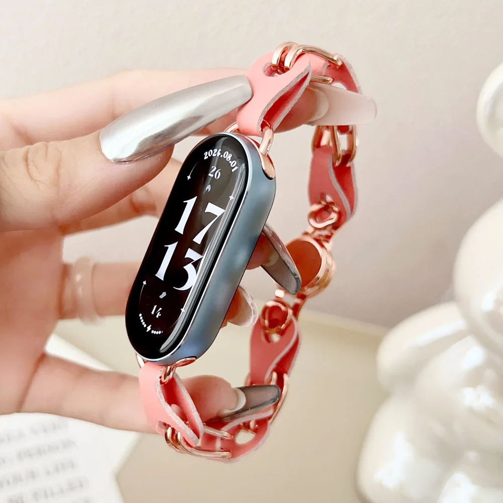 سوار متأنق رسمي لـ Xiaomi Smart Band 8/9/ 10 Mi حزام بديل من الجلد الطبيعي مع سوار معصم من الفولاذ المقاوم للصدأ