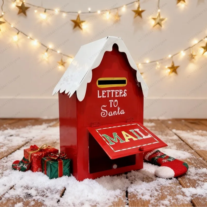 Vintage Style Iron Christmas House Ornament with Mini Mailbox, Miniature Landscape Decor for Tabletop & Shelf
