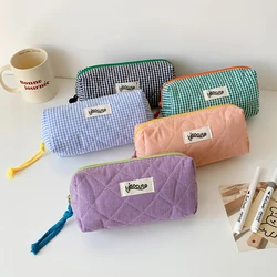 INS Style Large Capacity Plaid Cloth Pencil Case Korean Style Cloth Makeup Bag Simple Style Student Stationery Storage Bag