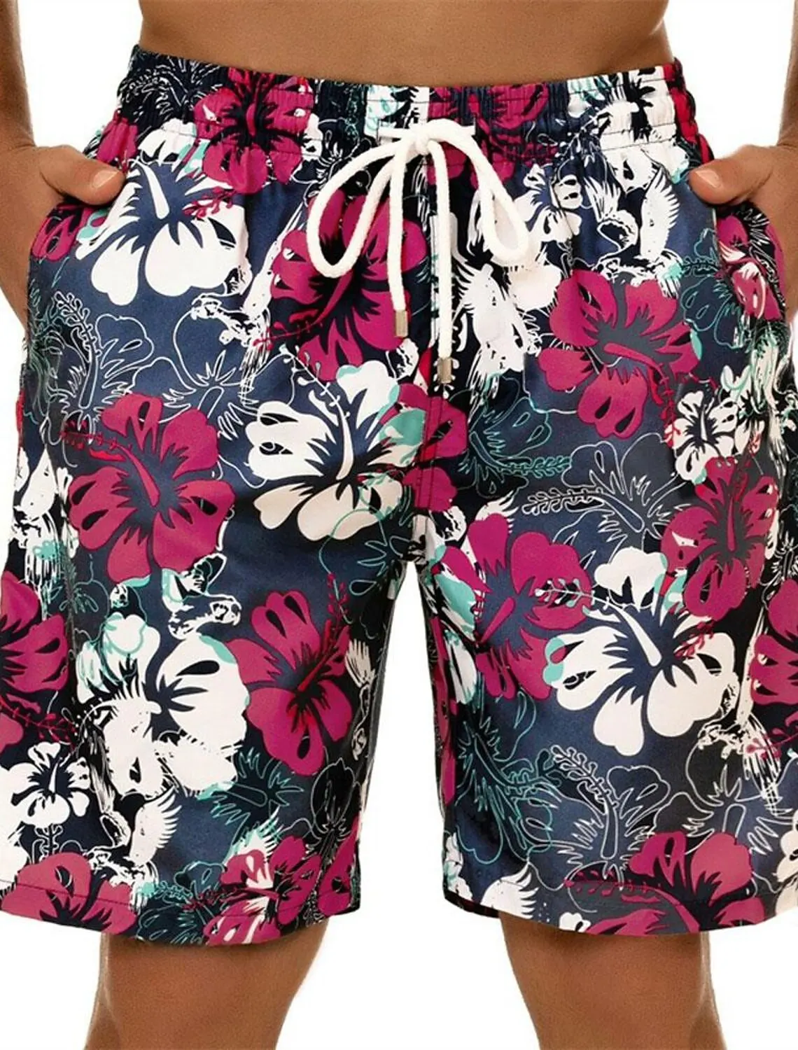 Men's Spring Summer Hibiscus Floral Print Drawstring Shorts, Casual Beach Vacation Printed Loose Fit Bottoms