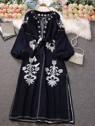 New Spring Autumn Women's Embroidered Dress V-neck Tie Split Retro Indie Folk Style Holiday Beach Long Dress Women GD679