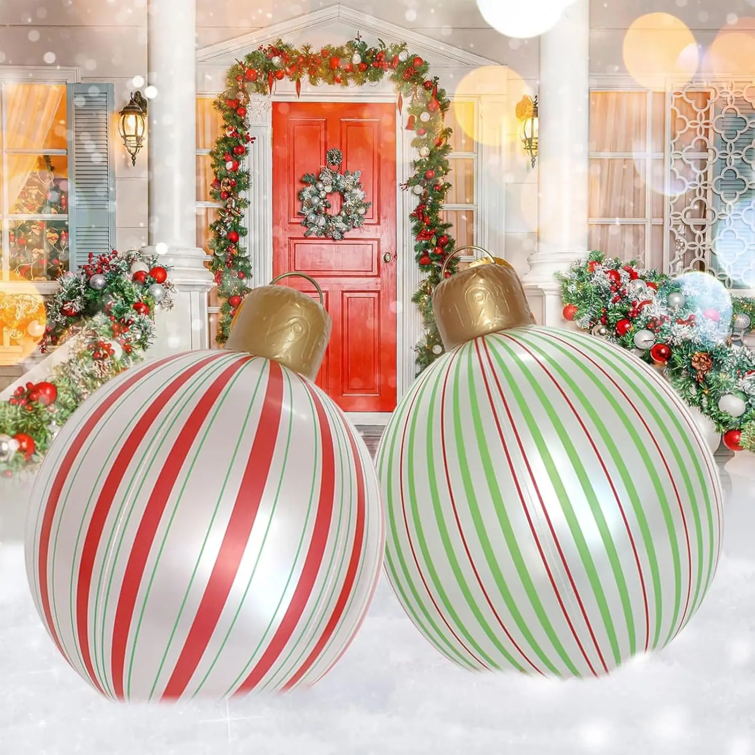 55CM Christmas Inflatable Ball Outdoor Garden Decor PVC Giant Xmas Ball Creative Inflatable Xmas Decorative Striped Xmas Ball
