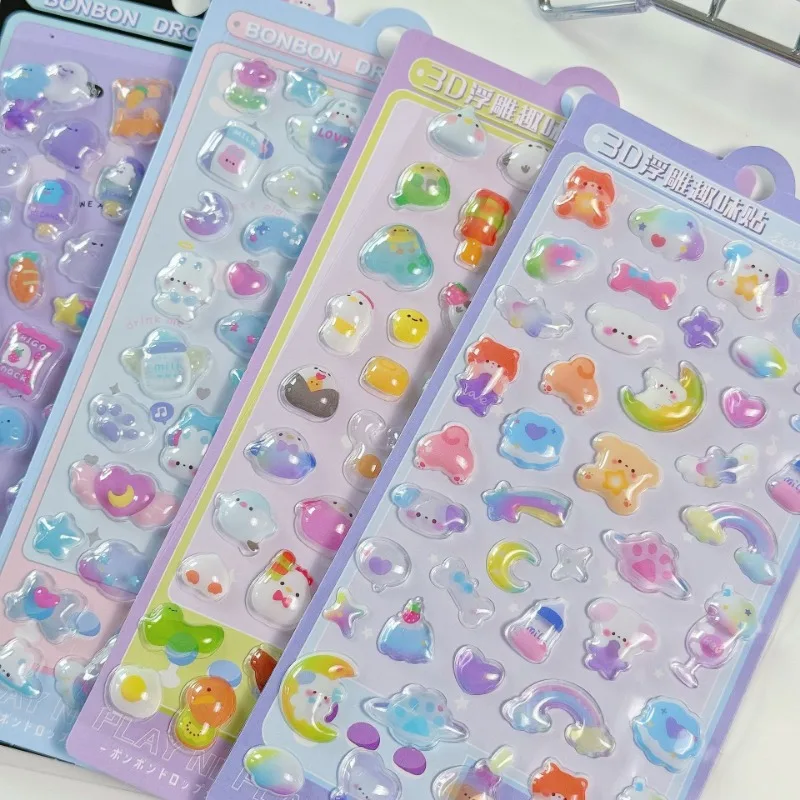 

Cartoon 3D Transparent Embossed Stickers Candy Colored Kawaii Crystal Diamond Decorative Stickers for Reward Cute Holiday Gifts