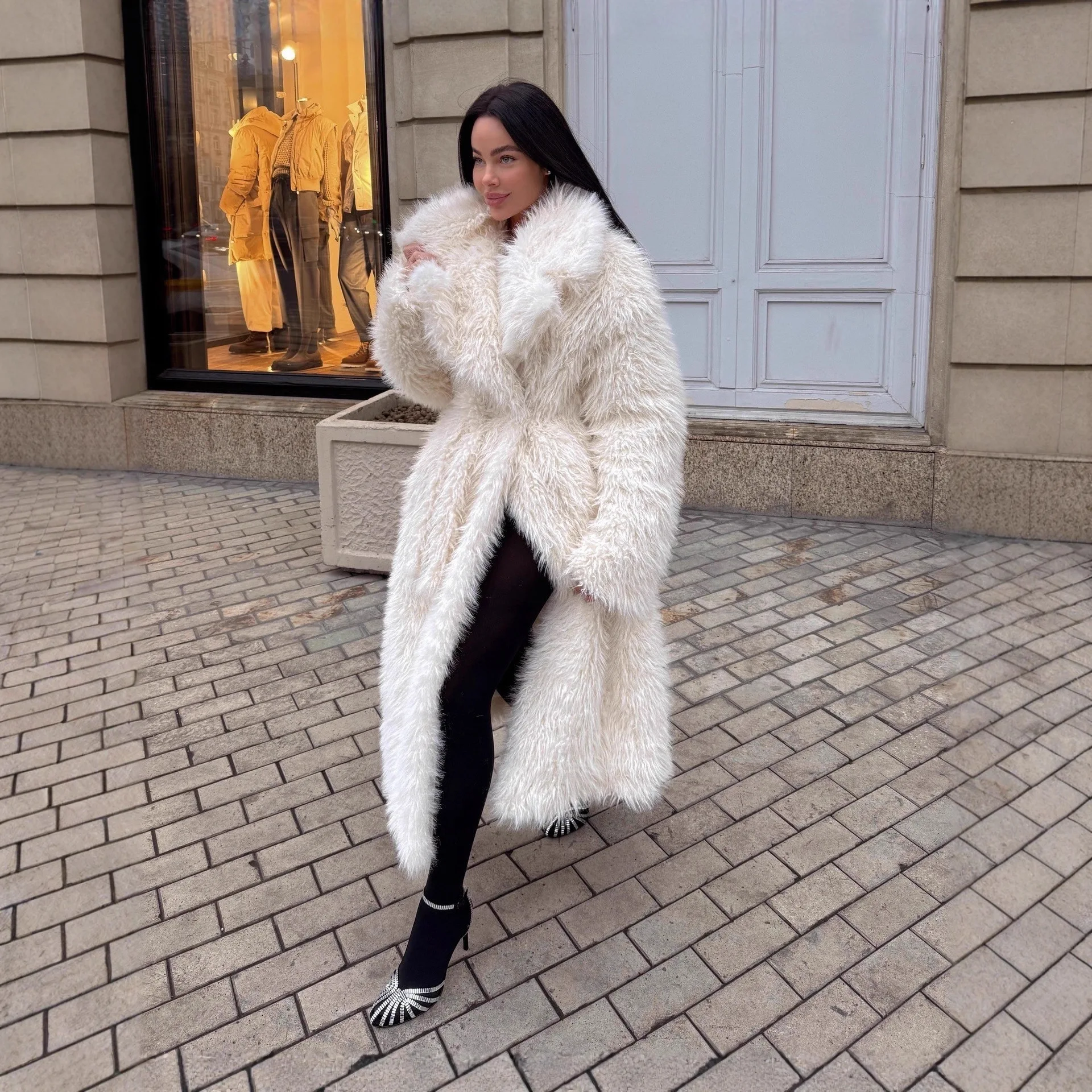 New Women's Extra Long Eco Fur Coat Fashion Snow Fox Plush Winter Outerwear