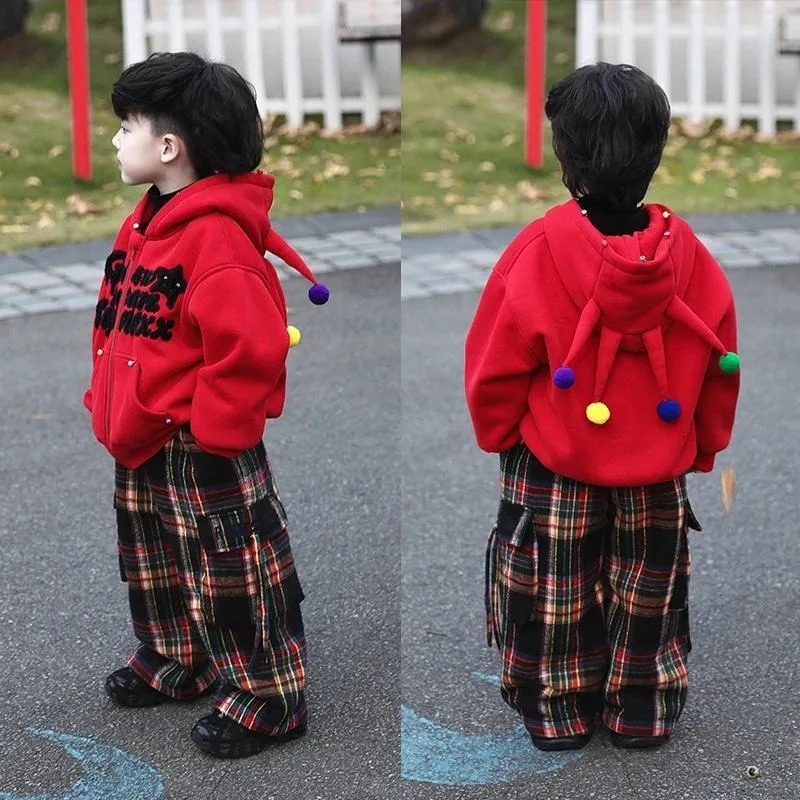 2025 Toddler Suit Boys Winter New Handsome Velvet Thickened Zipper Hooded Top Plaid Trousers Tide