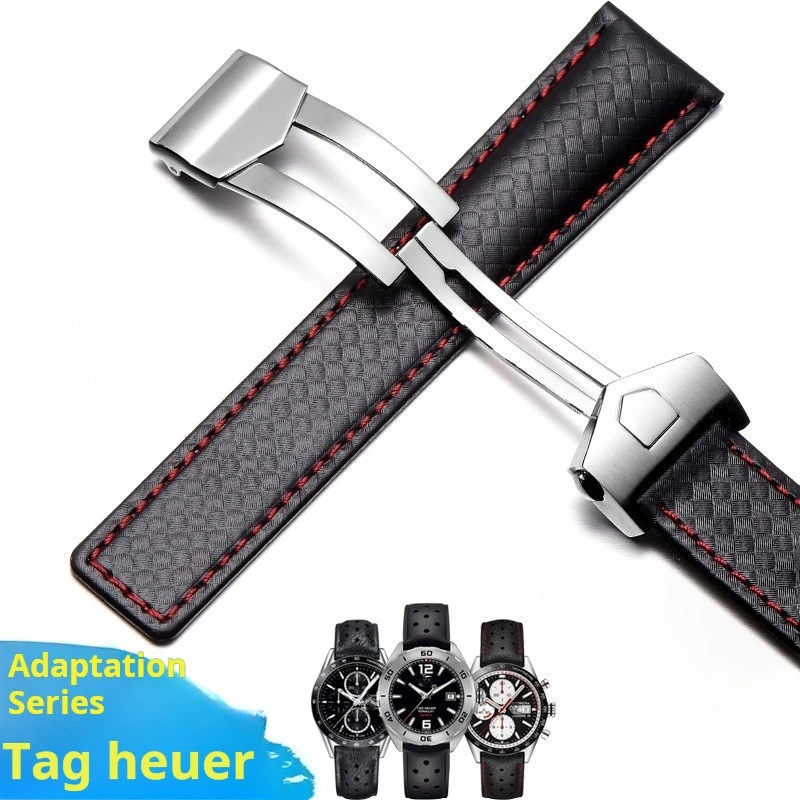 19mm 20mm 22m cowhide watchband For TAG Heuer Calera Monaco F1 black red Men Genuine leather strap metal Folding buckle bracelet