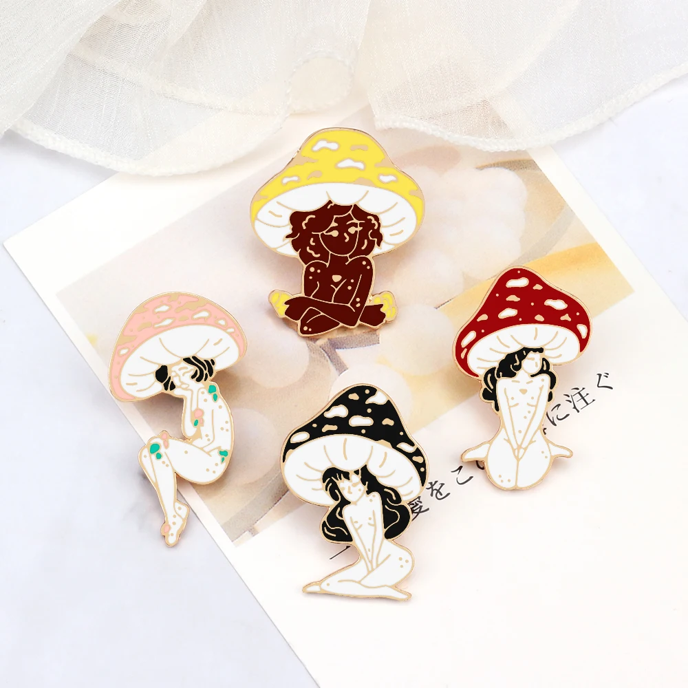 Shy Girl!Mushroom Style Design Art Exhibition Enamel Pin Cartoon Young Lady Statue Brooch Fashion Badge Jewelry Gift for Friends