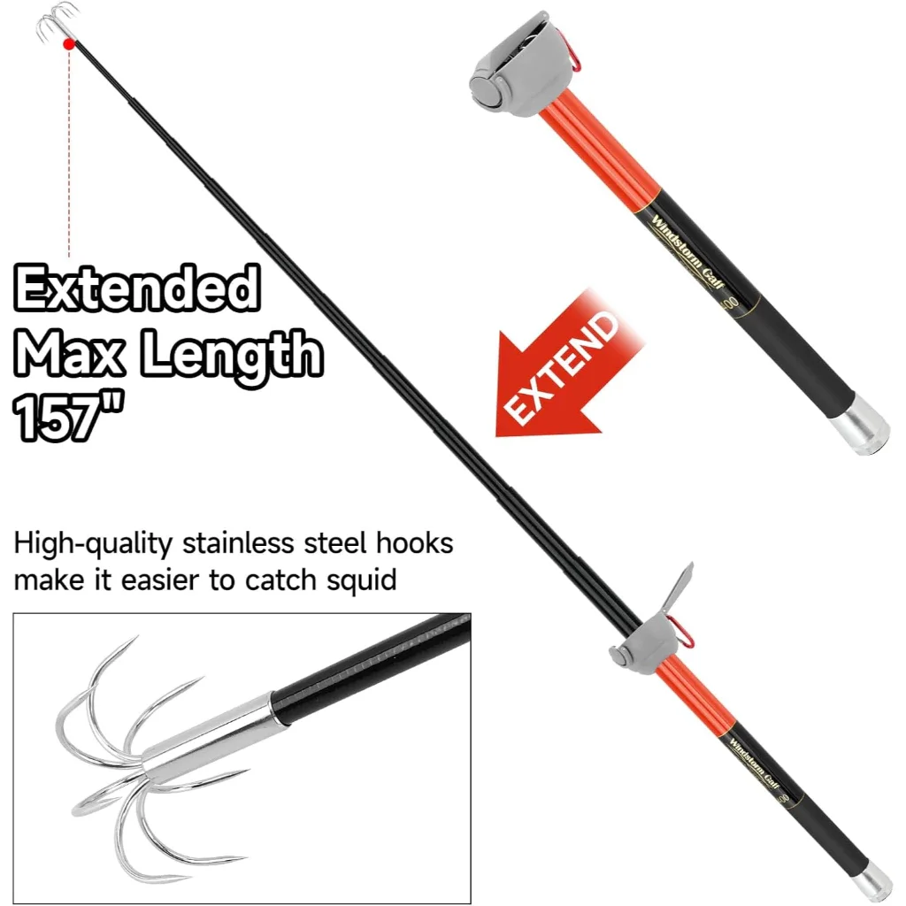 SANLIKE Fishing-Squid Gaff 3M/4M Stainless Steel Squid Gaff Seven Hooks Extendable Squids Hook Gear Retractable Squid TooL