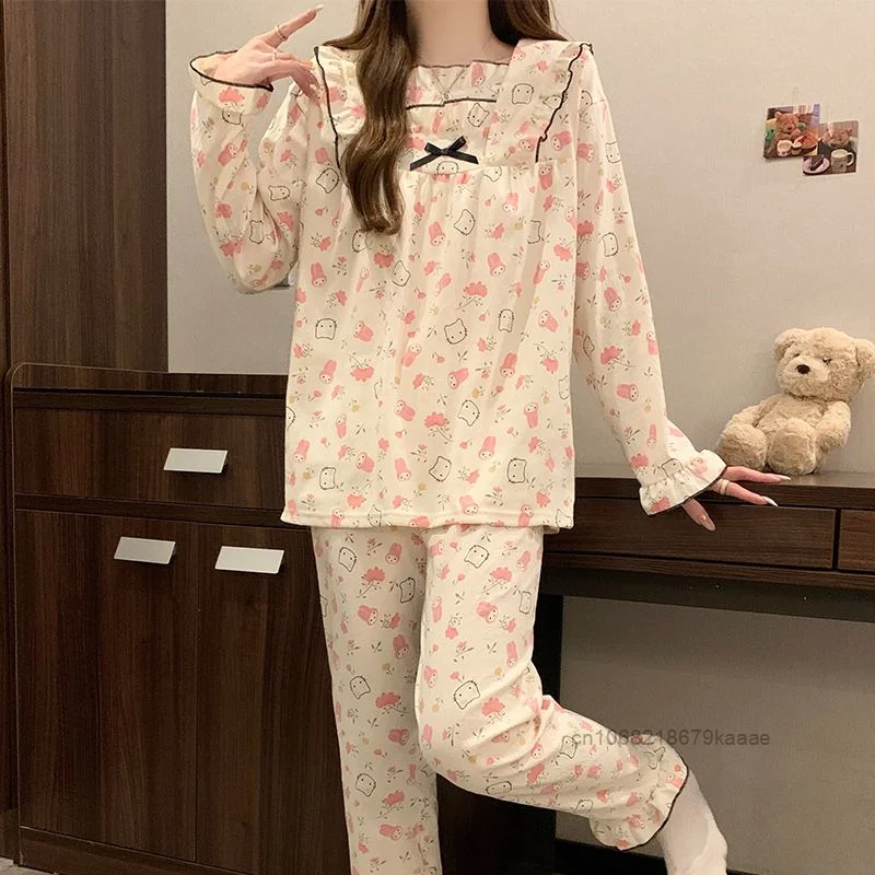 Sanrio Hello Kitty My Melody Cute Pajamas Niche Design Female Long Sleeved Sleepwear Sweet Soft Y2k Girl Harajuku Home Suit Set