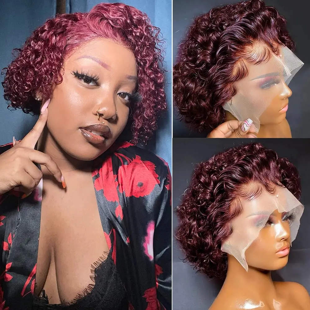 

Pixie Cut Wig Human Hair 13x1 Curly Lace Front Bob Wig Short Cut 99J Burgundy Pre Plucked Hairline Bleached Knots Ubetta