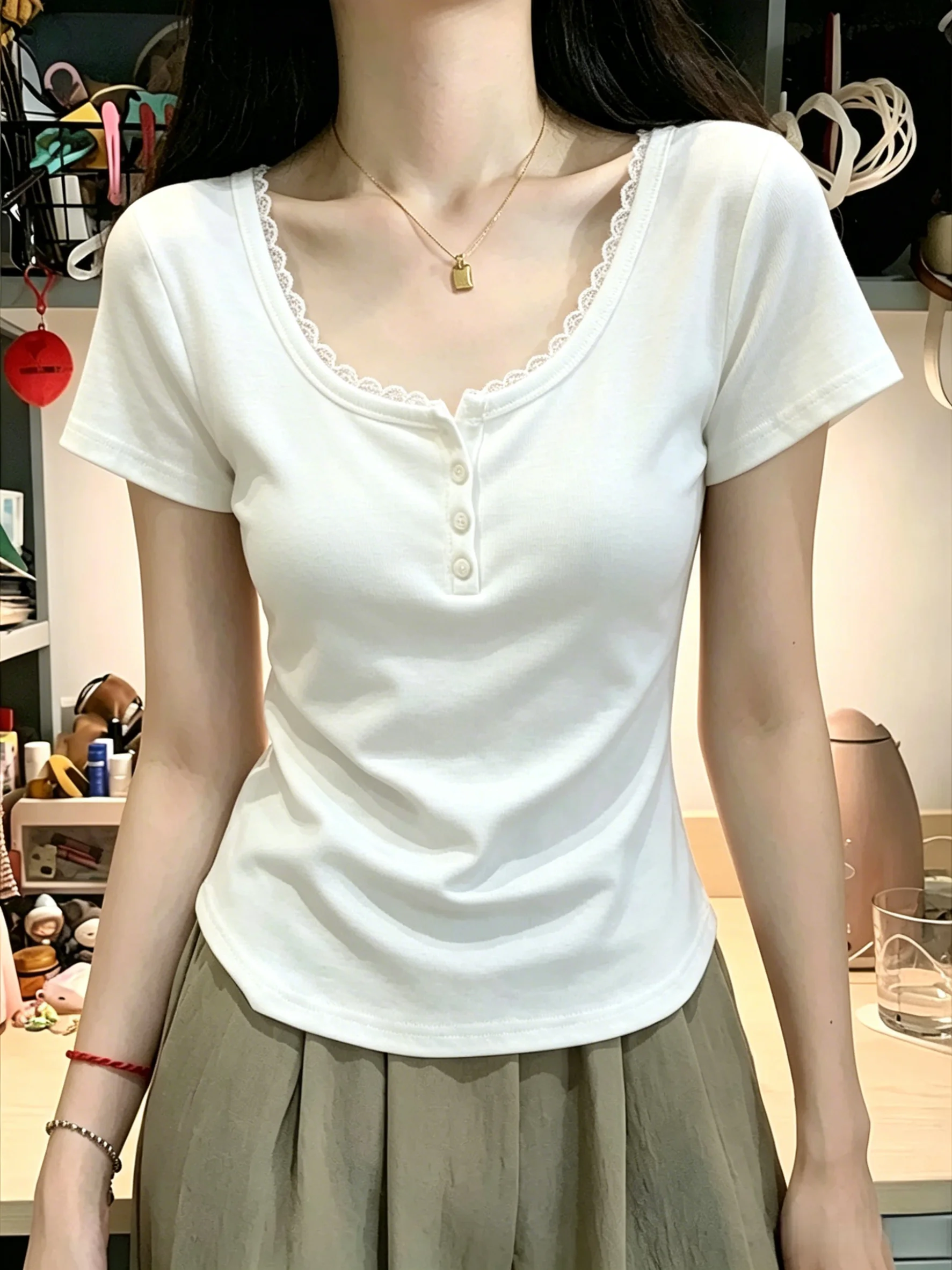 Summer Short Sleeve T-Shirt Women's Slim Fit Button up Lace Square Collar Cotton 95% Elastic Fiber 5% Casual Style New 2026