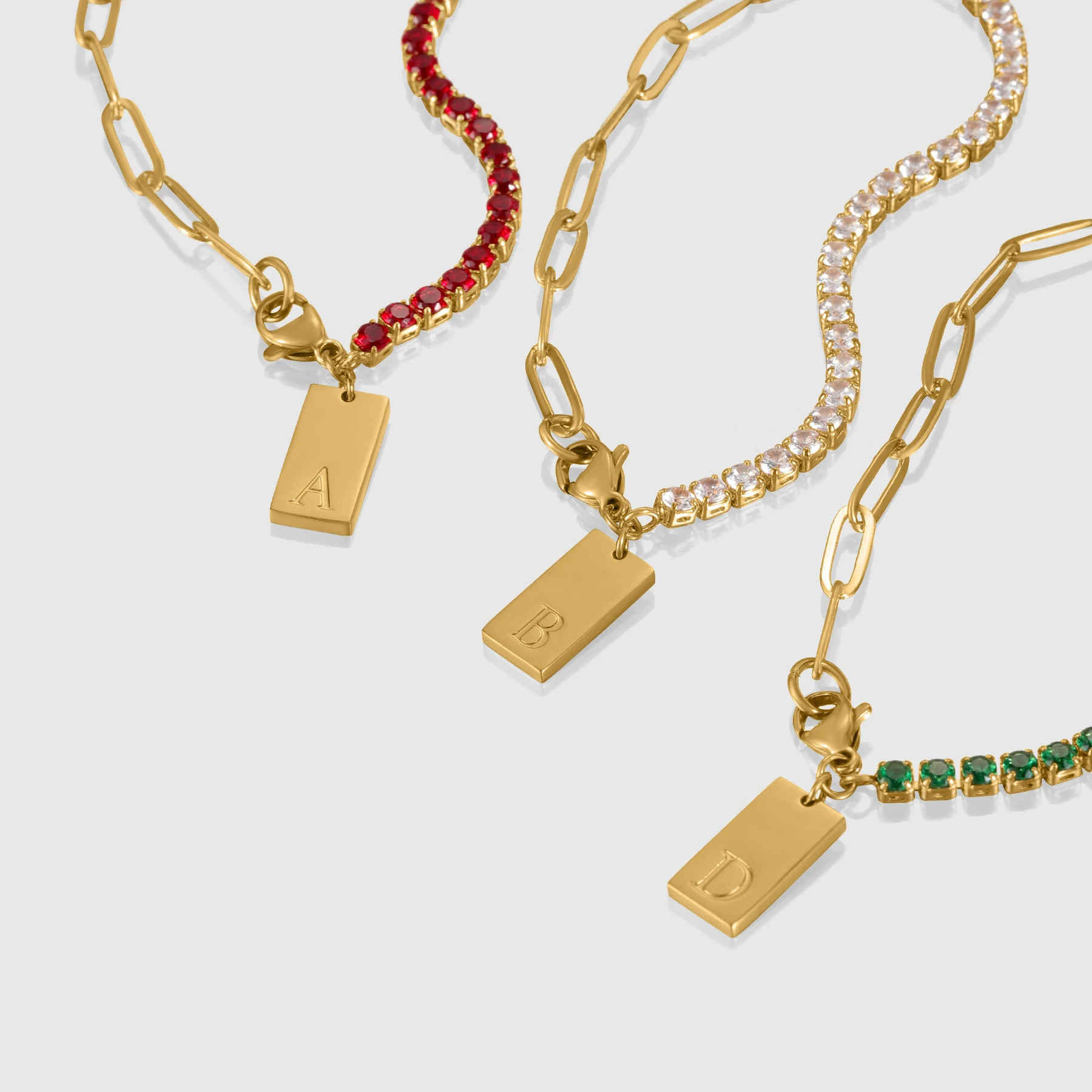 Custom Initial Necklace 18K Gold Plated Stainless Steel Colorful Zircon Paperclip Tennis Chain Rectangle Tag Pendant Jewelry