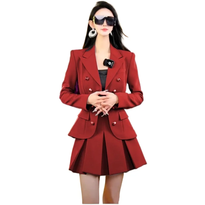 بدلة راقية وأنيقة لعام 2026 للنساء معطف آلهة موضة الربيع الجديد تنورة ذات ثنيات شابة طقم مكون من قطعتين فستان نسائي