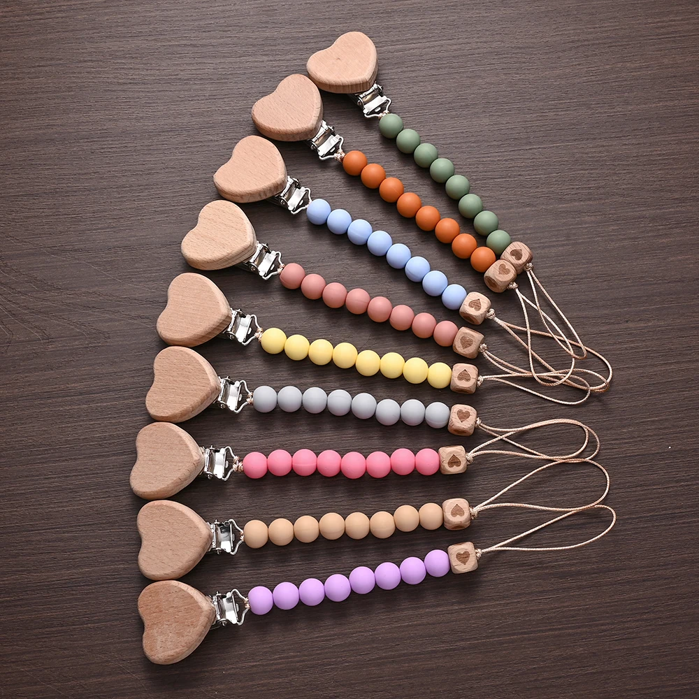 3Pcs Newborn Toys Gift New Beech Wooden Heart Beads Baby Pacifier Chain Clip  Silicone Beads Dummy Nipple Holder Teether