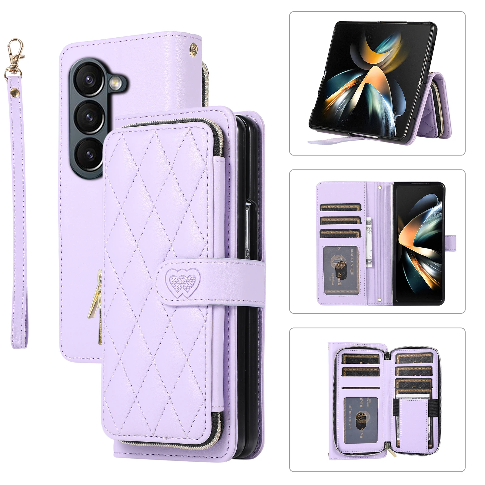 Crossbody Lanyard Leather Phone Case for Samsung Galaxy Z Fold 5 4 3 Fold5 Fold4 Fold3 5G Wallet with Card Holder Slot Cover