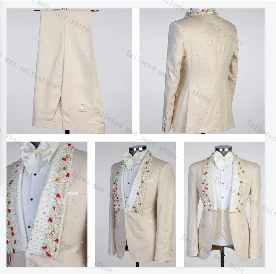 

Beige Men Suits Set 2 Pieces Blazer+Pants Trousers Luxury Stone Crystals Wedding Tuxedos Jacket Formal Office Groom Coat