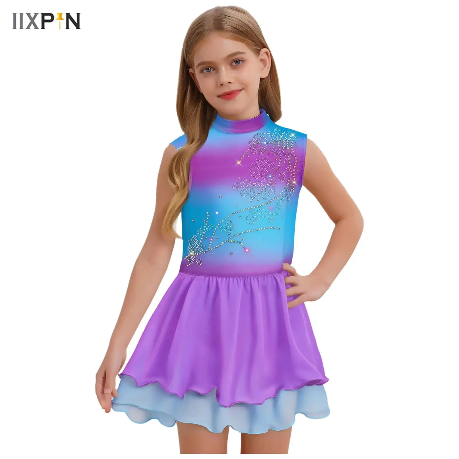 

Kids Girls Gradient Figure Skating Dance Dress Mock Neck Sleeveless Keyhole Back Sparkly Rhinestones Dress Ballet Leotard Dress