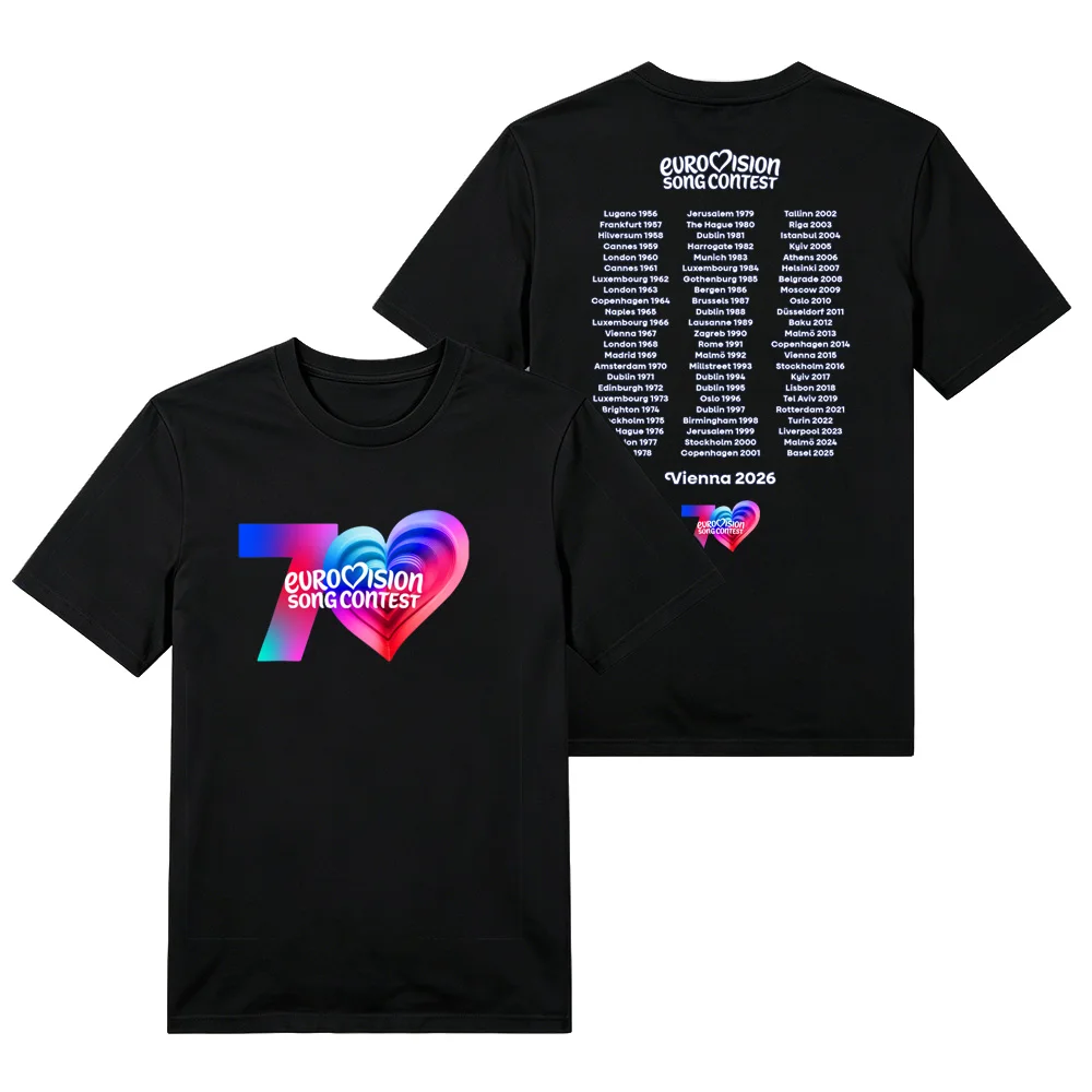 Eurovision 70th Anniversary Vienna 2026 Cotton T Shirt Rainbow Gradient 70 Heart Front Print Unisex Music Lover Fan Casual Tee