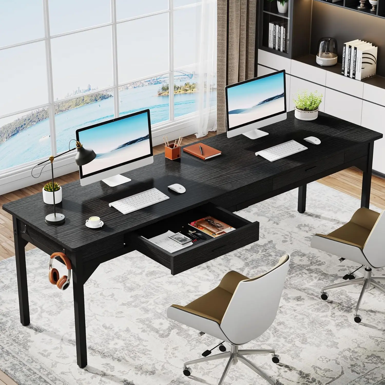 

78.7 Extra Long Executive Office Desk, Double Desk with 2 Drawers, Black