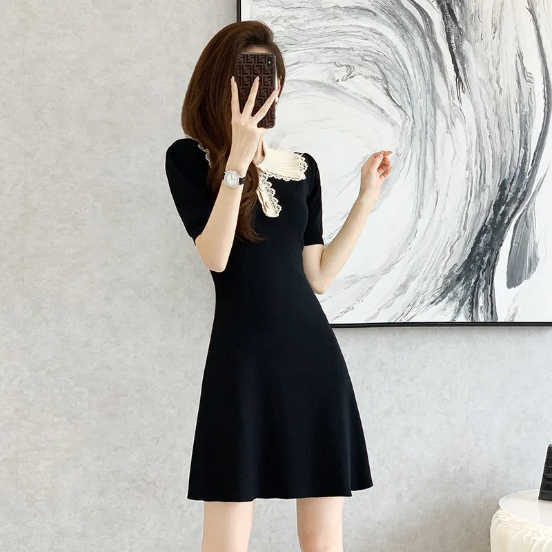 Summer Women\'s Short Sleeved Dress Fashion Casual Solid Color Knitting Academic Style A-line Skirt