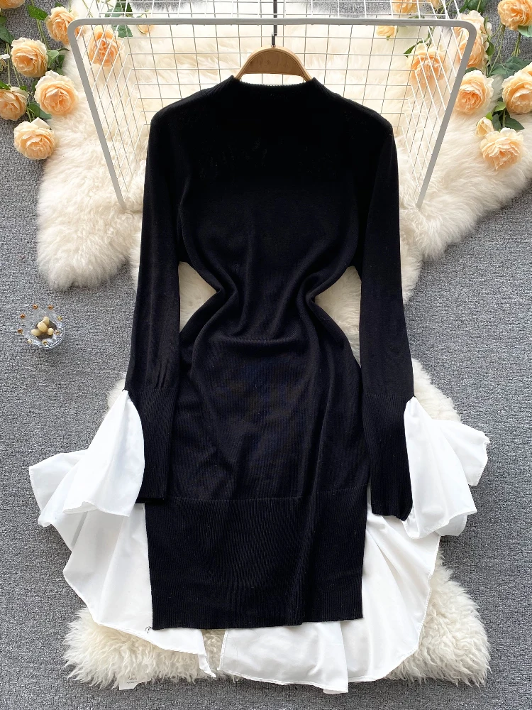 Autumn French Fashion Knit Party Dress Women O Neck Flare Sleeve Irregular Slim Waist Dress High Street Casual Fit Chic Vestidos