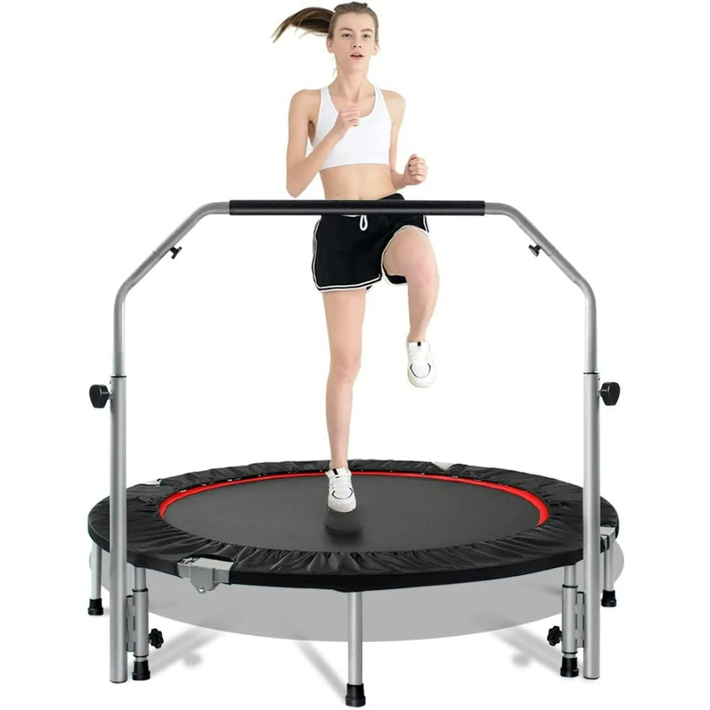 

48 Foldable Fitness Trampolines with 4 Level Adjustable Heights Foam Handrail,Jump Trampoline for Kids and Adults Indoor&Outdoor