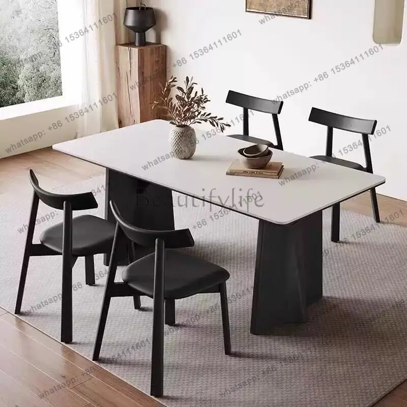 French retro solid wood rock slab dining table household small apartment modern simple light luxury smoked black