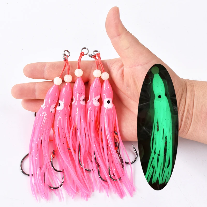 6pcs/pack fishing lure soft squid 12cm5.5g silicon gel skirt tentacle 15# double assist hook lure hook rig fish tackle saltwater