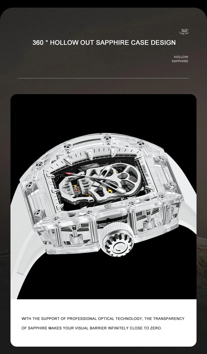 CRONUSART Orologio automatico da uomo 50mm * 42mm Orologio da polso meccanico Tonneau di lusso Cassa in zaffiro Luminou Cinturino in gomma fluorurata Quadrante con teschio