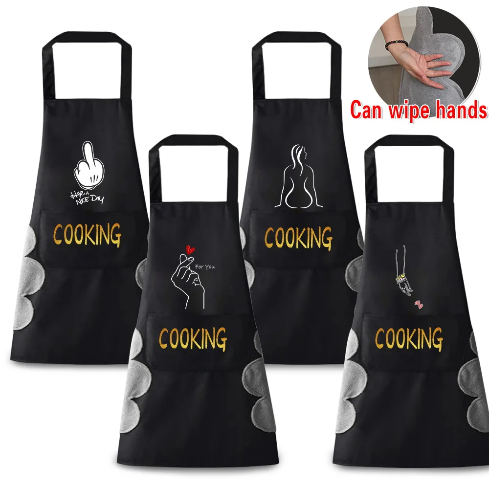 

New Kitchen Aprons Men Women Household Oil-proof Waterproof Bib White Picture Print Coffee Beauty Work Apron Wipe Hand Overalls