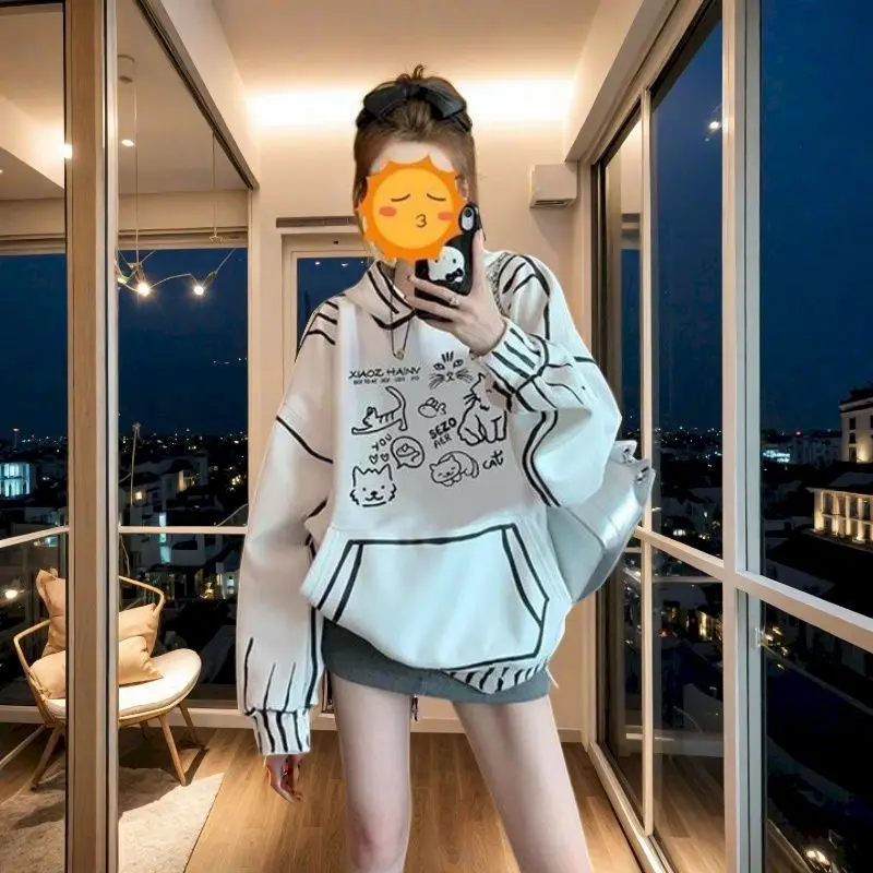 Fried Street Hoodies Womens Oversized Hoodies Ins Plus Velvet Thick Winter Hooded Coat Large Size Wild Loose Korean Thick Jacket