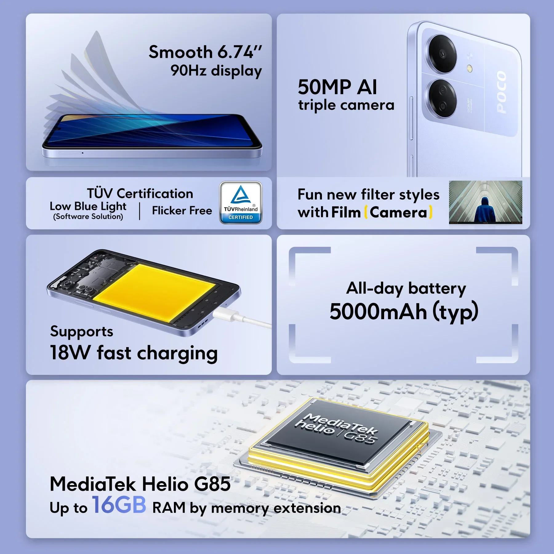 샤오미 스마트폰 POCO C65 글로벌 버전, 8 코어 5000mAh 배터리, Helio G85 MediaTek 6,74 인치 화면, 8GB 256GB 저장