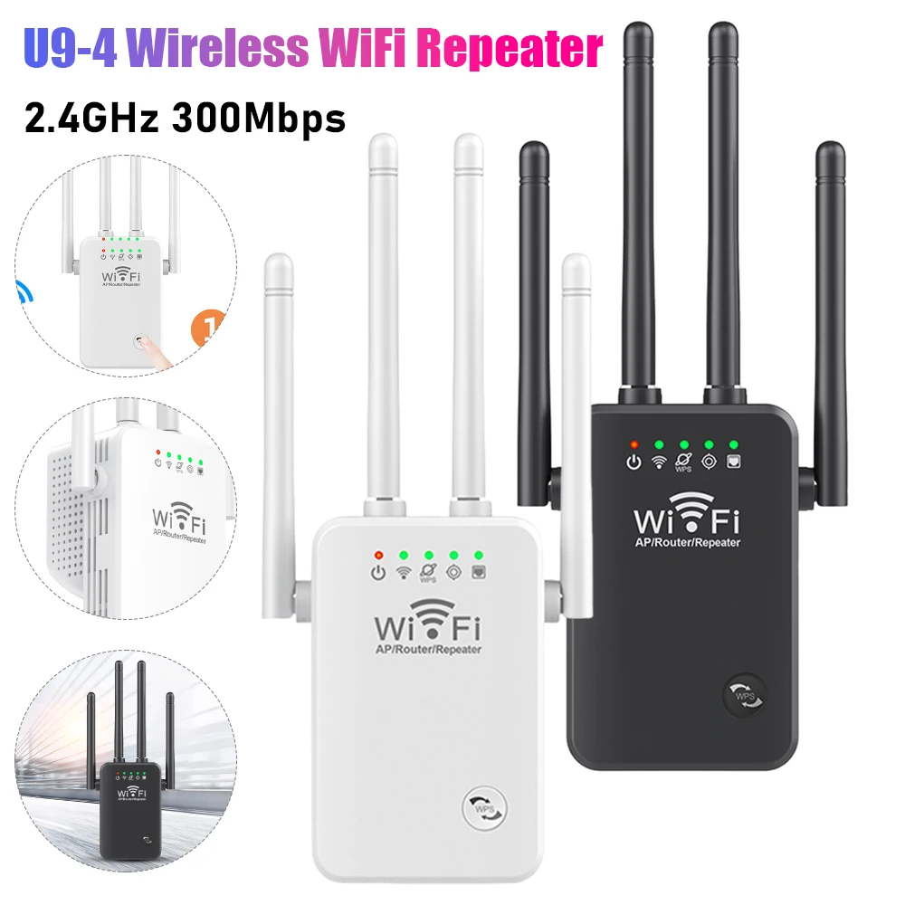 

U9-4 Wireless Internet Repeater 2.4GHz Network Expander Router 300Mbps 4 Antenna Long Range WiFi Amplifier With Ethernet Port