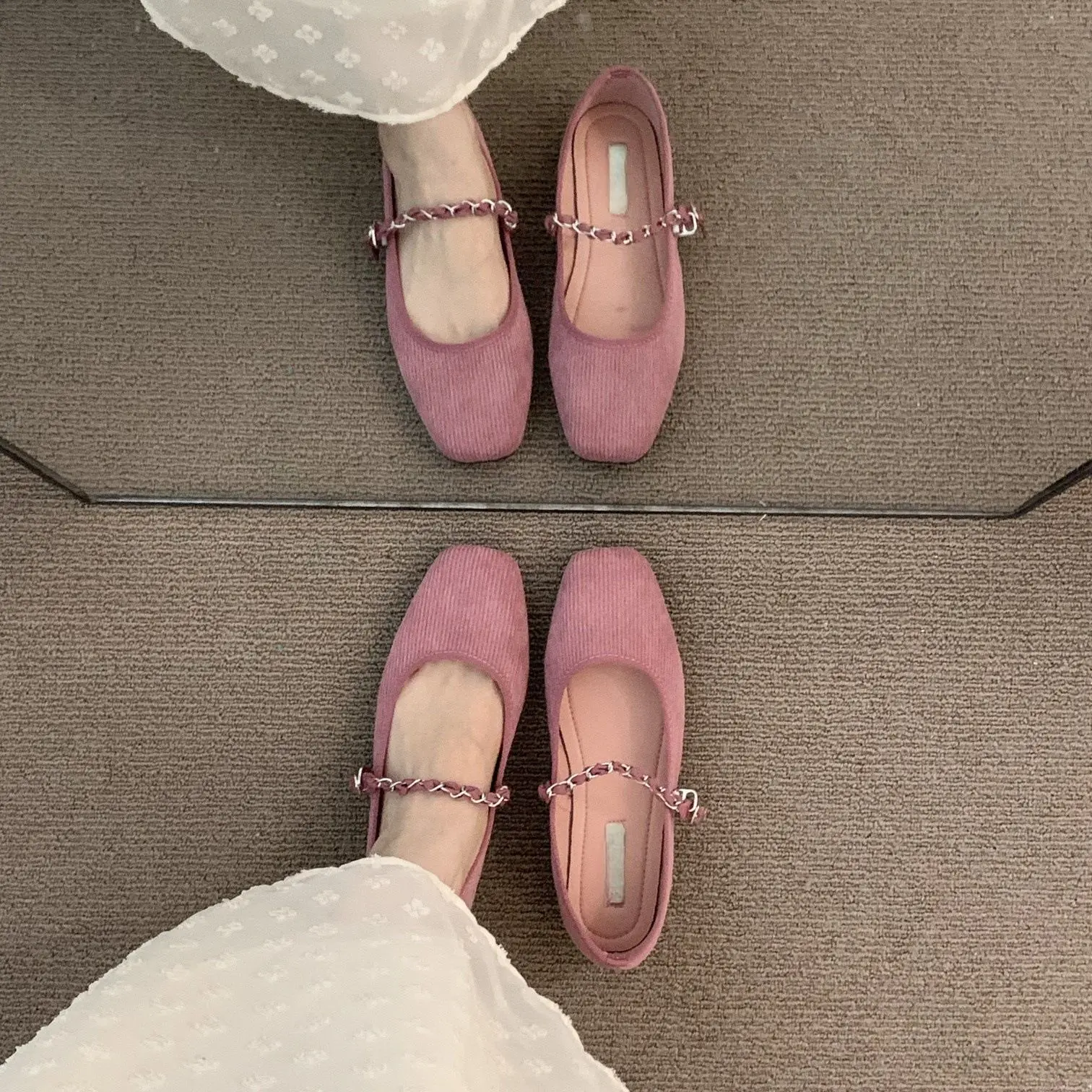 

Pink Chain Mary Janes Women's Ballet Flats Spring Autumn Skirt Elegant Evening Shoes Fashionable Casual Comfortable Footwear